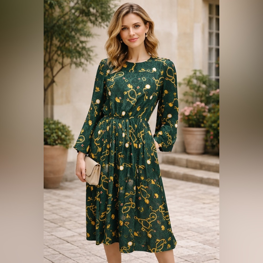 Vintage Leslie Fay Green Chain Print Midi Dress – 80s Equestrian 12P